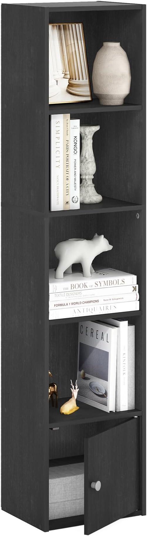 Furinno LUDER Book Shelf, 5-Tier Modern Bookshelf, Bookcase with 1 Door Storage Cabinet, 9.3 x 12 x 52,for Organization and Storage, for Living Room, Bedroom, Home Office, Blackwood
