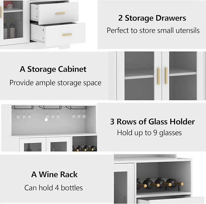 Bar Cabinet for Home with LED Light, Coffee Bar Cabinet with Wine & Glass Rack, Wine Cabinets with Storage Cabinet &Drawers, Modern Liquor Cabinets for Kitchen, Living Room, Dining Room (White)