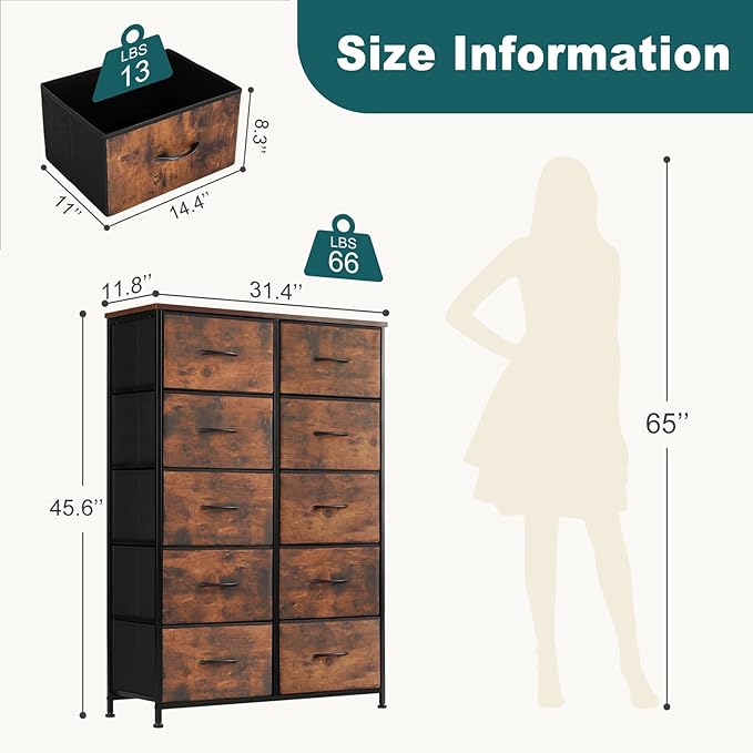 Dresser for Bedroom with 10 Drawers, Anti-Tip Tall Fabric Chests Storage Organizer Tower Furniture with Wooden Top Metal Frame for Clothes, Closet, Living Room, Hallway, Entryway