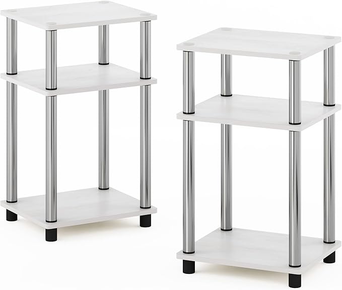 Furinno JUST Side Table Set of 2, 3-Tier Modern End Tables, Open Shelves Night Stand, Nightstand, Toolless Assembly, for Living Room, Bedroom, White Oak/Stainless Steel