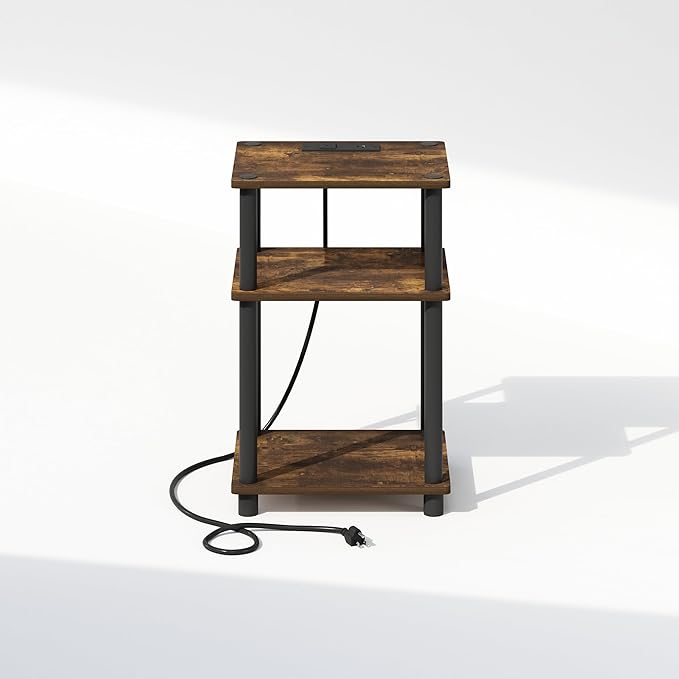 Furinno JUST Night Stand, 3-Tier Turn-N-Tube Nightstand with Charging Station, Bedside Table, End Table, Side Table with USB and Type-C Charging Port, for Bedroom, Closet, Dorm, Amber Pine