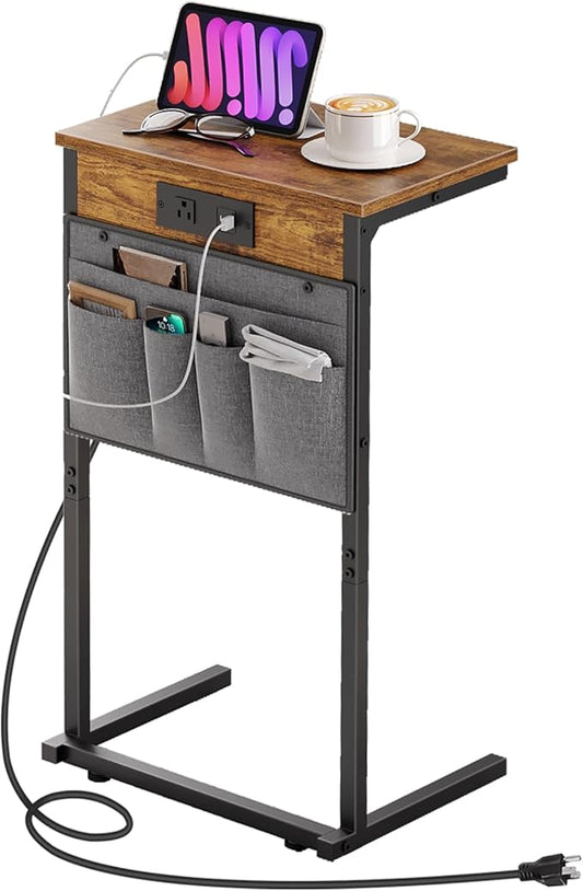 HOOBRO C Shaped End Table with Charging Station, 28" H Couch Side Table Slide Under, Sofa Arm Tray Table with Storage Bag for Living Room, Recliner, Rustic Brown BF70USF01