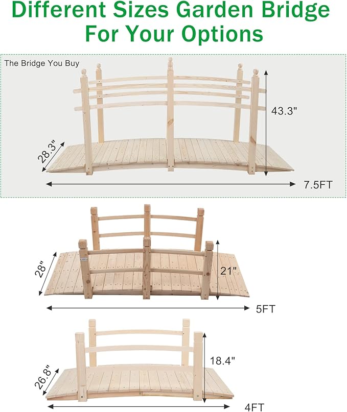 VINGLI 7.5 ft Garden Bridge, Arch Walkway Wooden Bridge with Safety Rails Natural Finished, Decorative Landscaping Footbridge for Koi Pond, Dry Creek Bed, Garden Pathway or Japanese Zen Decor