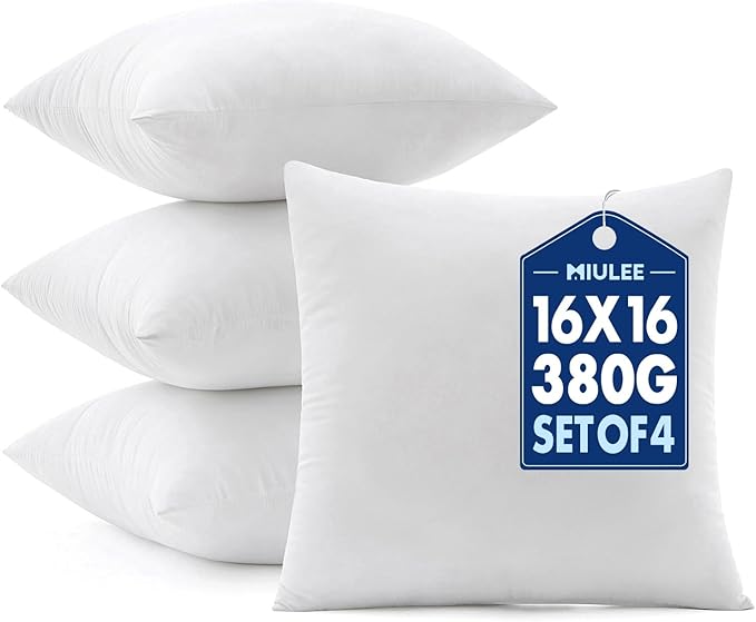 MIULEE Pillows Inserts, Pack of 4 16x16 Inch 100% Virgin Microfiber Filling Throw Pillows for Bed Couch Sofa