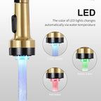 DJS Kitchen Faucets with Pull Down Sprayer Brushed Gold LED Light Single Handle 1 or 3 Holes Spring Kitchen Sink Faucet with Deck Plate for Farmhouse RV Vessel Basin