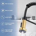 DJS Kitchen Faucets with Pull Down Sprayer Matte Black & Brushed Gold High Arc Single Handle 1 or 3 Holes Spring Kitchen Sink Faucet with Deck Plate for Farmhouse RV Vessel Basin