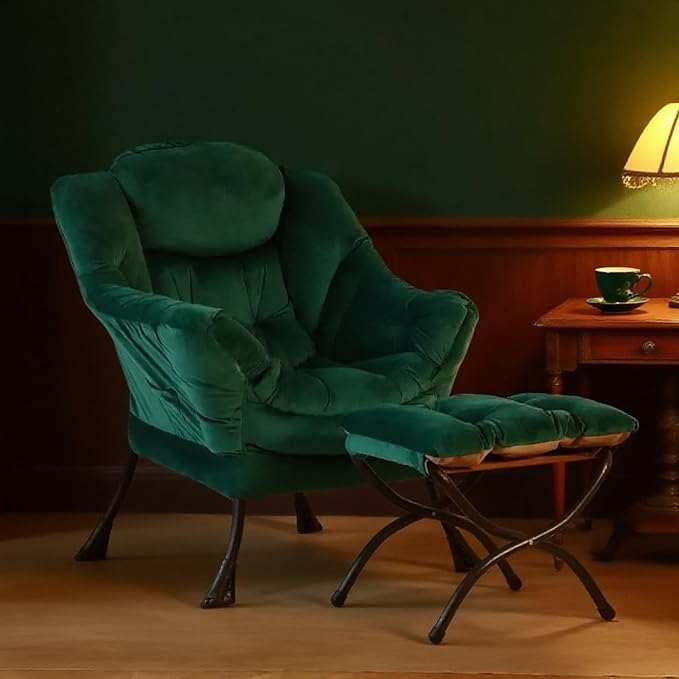 Tiita Lazy Chair with Ottoman, Green Modern Large Accent Chair, Comfy Leisure Sofa Armchair with Ottoman, Reading Chair with Footrest for Bedroom, Living Room, Dorm Rooms, Velvet Green
