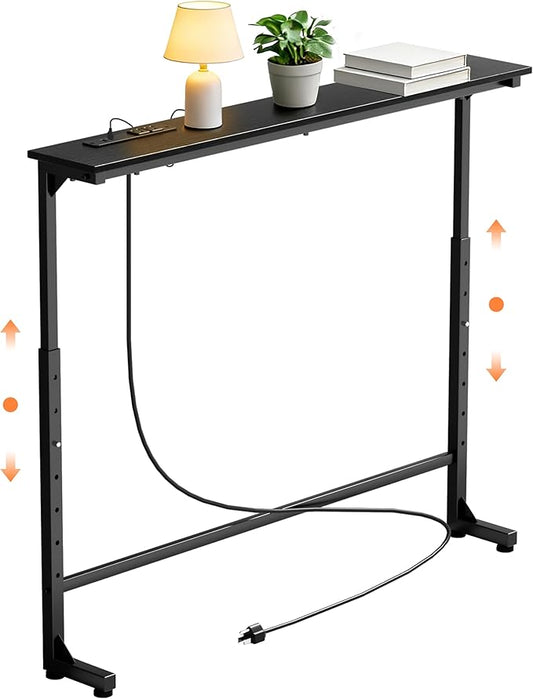 GRLEAF 35" Adjustable Height Narrow Console Table with Power Outlets, Long Sofa Table with Charging Station Behind Couch Table Skinny Entryway Table for Living Room, Hallway and Office – Black