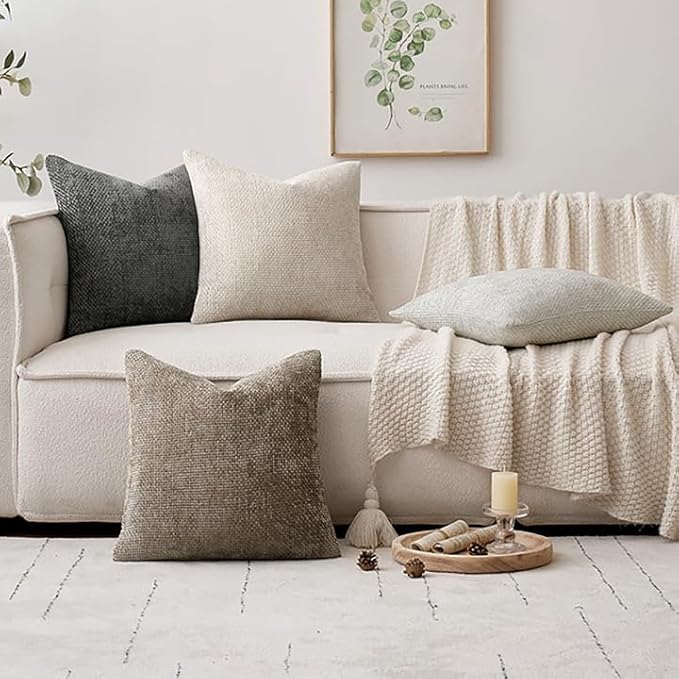 MIULEE Pack of 4 Couch Throw Pillow Covers 18x18 Inch Neutral Soft Decorative Chenille Pillow Covers Farmhouse Boho Cushion Covers for Mid Century Modern Spring Home Decor Sofa Bedroom Living Room