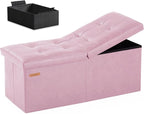 HAUSFRAU 31.5 Inches Ottoman with Storage Bench, Folding Ottoman Bench Small Foot Rest Stool, Bedroom Bench with Flipping Lid, Faux Leather Pink
