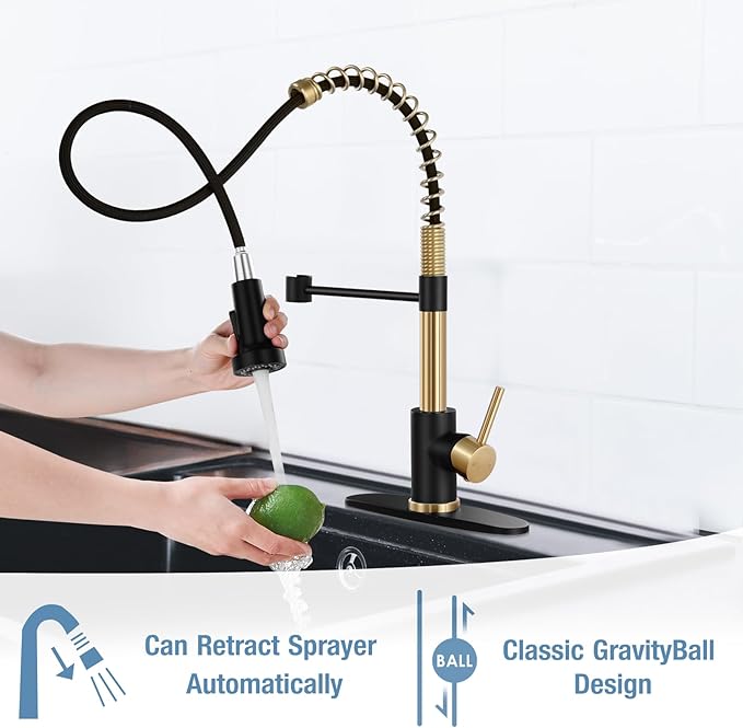 DJS Kitchen Faucets with Pull Down Sprayer Matte Black & Brushed Gold - Single Handle 1 or 3 Holes Spring Kitchen Sink Faucet with Deck Plate for Farmhouse RV Vessel Basin