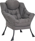 Welnow Lazy Chair for Living Room, Modern Reading Accent Chair with Armrests and a Side Pocket, Leisure Upholstered Lazy Sofa for Small Space, Bedroom, Dorm, Dark Grey