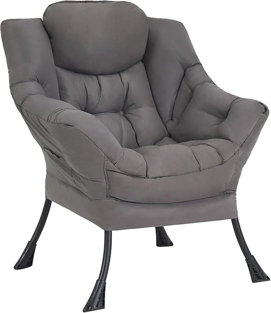 Welnow Lazy Chair for Living Room, Modern Reading Accent Chair with Armrests and a Side Pocket, Leisure Upholstered Lazy Sofa for Small Space, Bedroom, Dorm, Dark Grey
