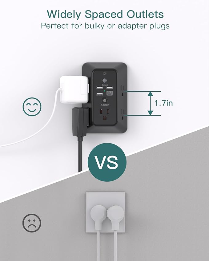 Surge Protector, Outlet Extender with Night Light, Addtam 5-Outlet Splitter and 4 USB Ports(1 USB C), Multi Plug Wall Outlet for Home Office Dorm Room Essentials Black