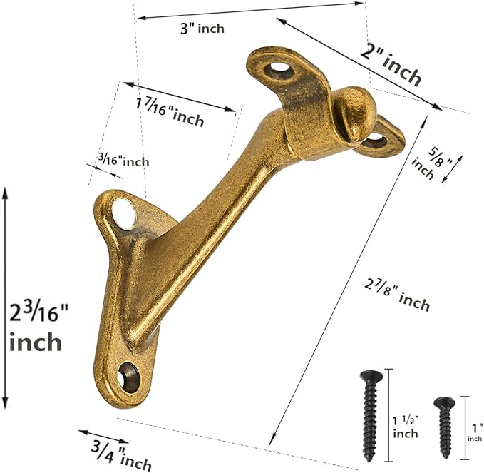 khtumeware 2 Pack 3 Inch Antique Brass Hand Rail Bracket Heavy Duty Hardware for Stairways, Home or Office Vintage Stair Support Handrail Brackets