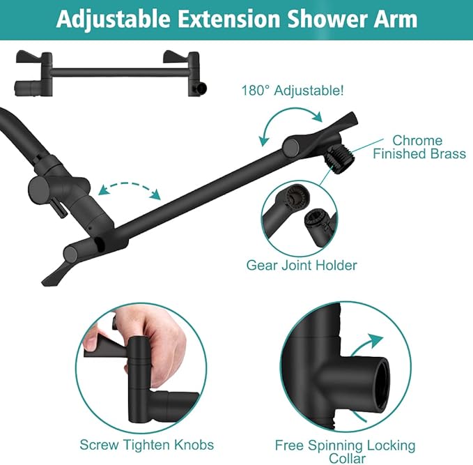 Shower Head 10‘’ High Pressure Rainfall Shower Head/Handheld Shower Combo with 11'' Extension Arm, 9 Settings Anti-leak Head with Holder, Height/Angle Adjustable, Chrome, Matte Black