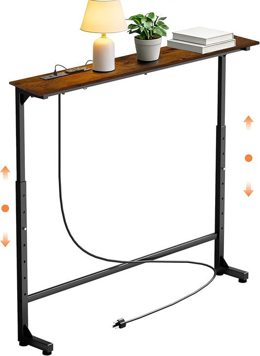 GRLEAF 35" Adjustable Height Narrow Console Table with Power Outlets, Long Sofa Table with Charging Station Behind Couch Table Skinny Entryway Table for Living Room, Hallway and Office – Rustic Brown