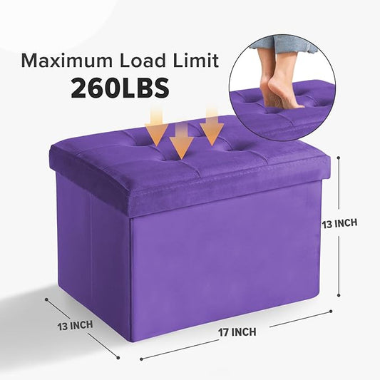 Storage Ottoman Folding Foot Stool Velvet Foot Rest with Padded Modern Ottoman with Storage for Living Room Puppy Step Stool 17x13x13in(Purple)