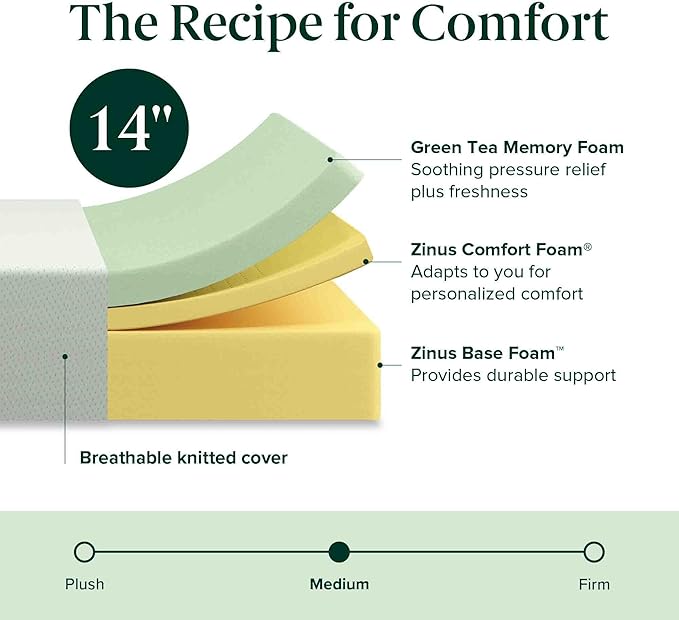 Zinus 14 Inch King Green Tea Memory Foam Mattress, Fiberglass Free, Medium Firm Feel, Zoned Pressure Relief, Certified Safe Foams & Fabric, Mattress in A Box