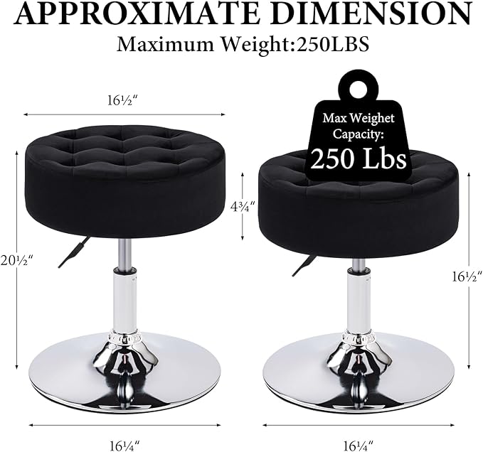 Furniliving Mid-Century Velvet Tufted Makeup Ottoman Stool, Modern Big Size Swivel Round Adjustable Vanity Stool Chair for Living Room Bedroom, Black