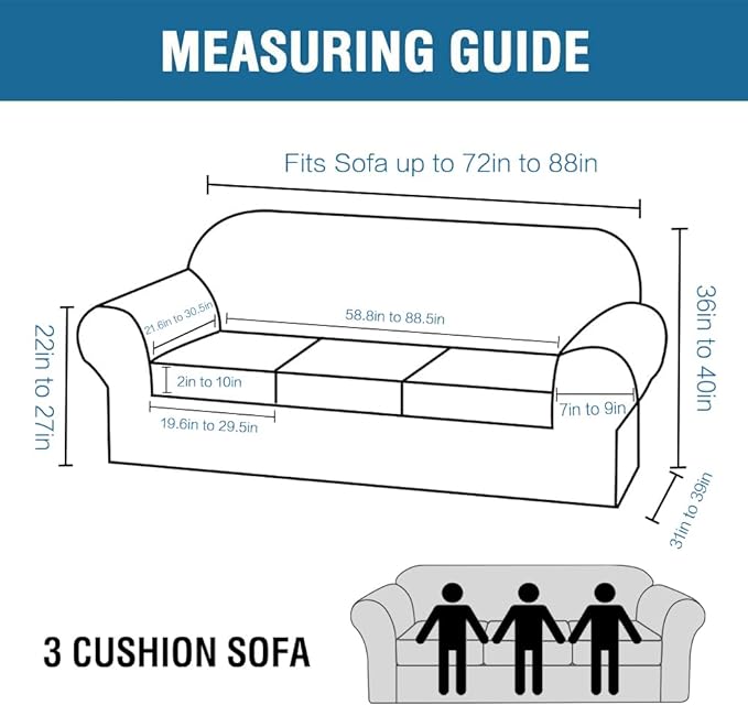 H.VERSAILTEX 4 Piece Stretch Sofa Covers for 3 Cushion Couch Covers for Living Room Furniture Slipcovers (Base Cover Plus 3 Seat Cushion Covers) Upgraded Thicker Jacquard Fabric (Sofa, Dusty Blue)