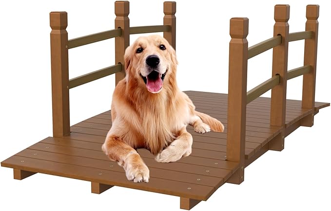 VINGLI Garden Bridge, Classic Wooden Bridge with Safety Rails, Decorative Arhced Footbridge for Patio Pond, Creek, Pathway(Brown, 5 ft)