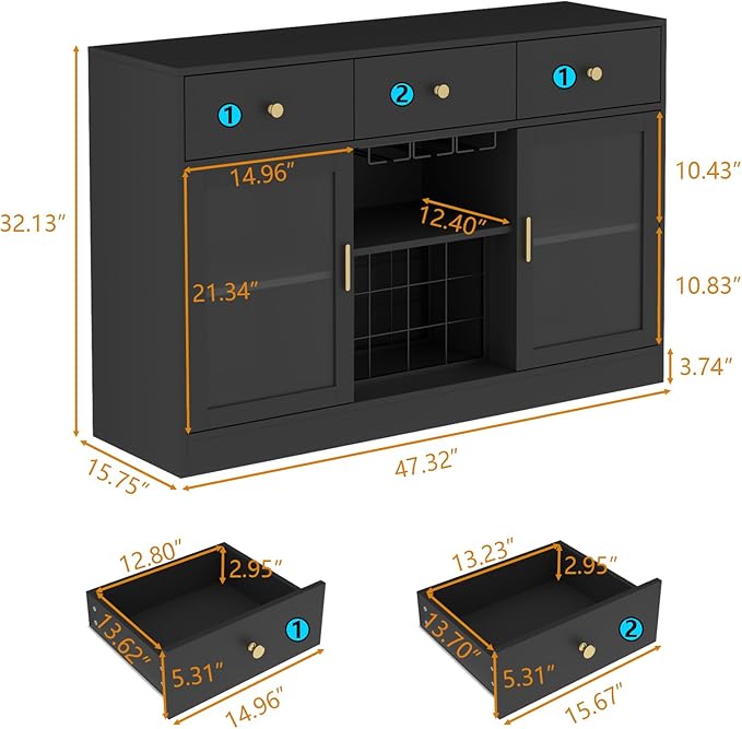 Auromie Wine Bar Cabinet with LED Light, Home Coffee Cabinet with Wine and Glass Rack, Kitchen Buffet Sideboard with Storage Cabinet&Drawers, Modern Liquor Cabinet for Living Room Dining Room (Black.)