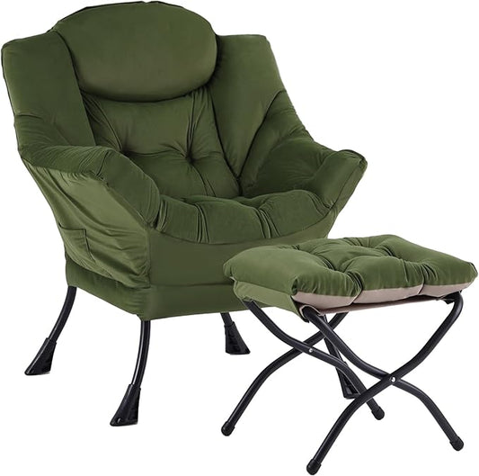 Welnow Lazy Chair with Ottoman, Modern Reading Accent Chair with Armrests and a Side Pocket, Leisure Upholstered Lazy Sofa Set with Footrest for Small Space, Army Green