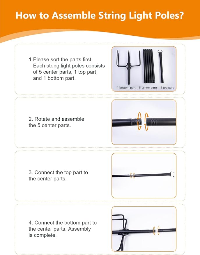 4 Pack String Light Poles for Outside, Thickened Metal Christmas Lights Hanger Pole Outdoor with Fork, Lighting Hanging Post Accessories for Patio Decor Garden Backyard Yard Outside Decorations
