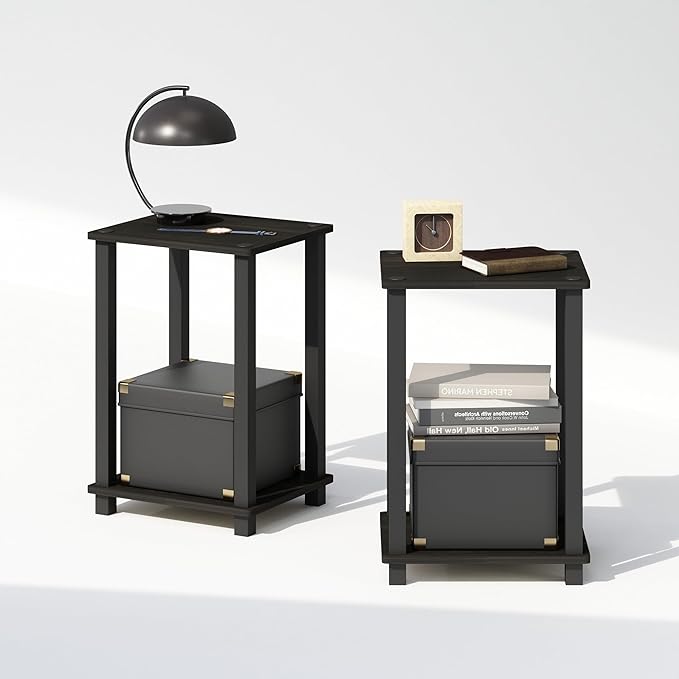 Furinno Simplistic Night Stand Set of 2, 2-Tier Small Nightstand with Open Shelf, Toolless Bedside Table, End Table, Side Table, for Bedroom, Closet, Dorm, Espresso