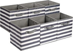 Amazon Basics Collapsible Fabric Storage Bins with Handles, Cube Organizer for Organizing, 13"x13"x13", White/Light Grey Stripe, 6-Pack