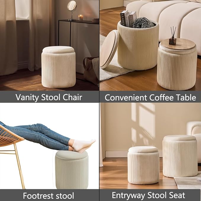 Round Set of 2 Ottoman with Storage-Upholstered Velvet Vanity Stool for MakeupMultifunctional Ottomans Coffee Table Padded Seat Foot Rest for Living Room&Bedroom(White)