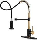 DJS Kitchen Faucets with Pull Down Sprayer Matte Black & Brushed Gold - Single Handle 1 or 3 Holes Spring Kitchen Sink Faucet with Deck Plate for Farmhouse RV Vessel Basin