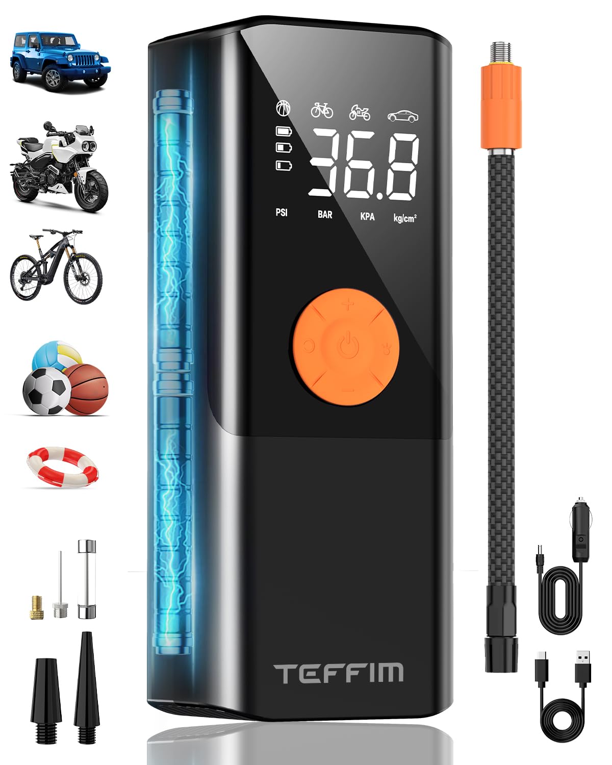 Portable Tire Inflator - 150PSI, 20000mAh, 12V Air Compressor for Car, Bike & More