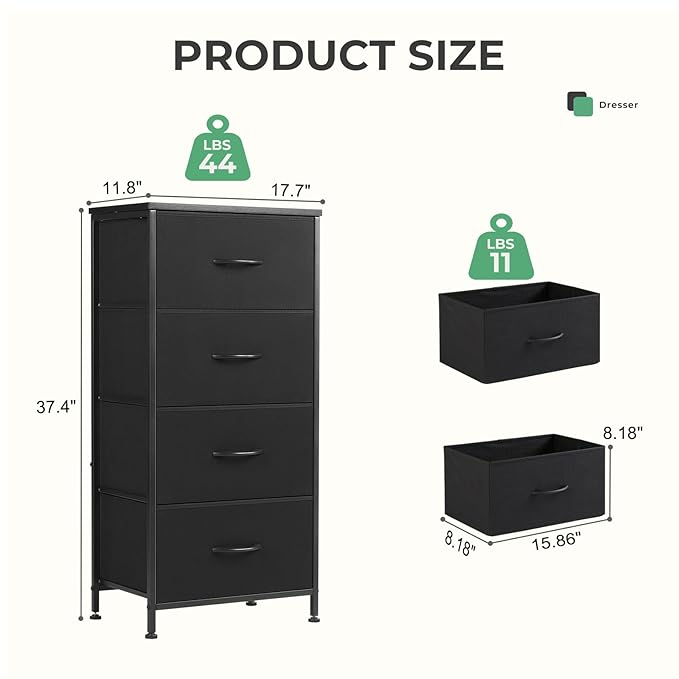 Dresser for Bedroom with 4 Drawers, Anti-Tip Tall Fabric Chests Storage Organizer Tower Furniture with Wooden Top Metal Frame for Clothes, Closet, Living Room, Hallway, Entryway