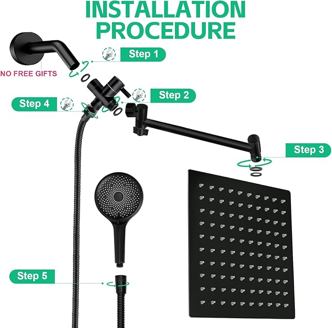 Shower Head,10”Rain Shower Head with Handheld Spray Combo and Adjustable Extension Arm/3-Way Flow Regulator/Shower System,High Pressure Rain Fall Hose,Matt Black