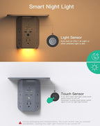 Wall Outlet Extender with Shelf and Night Light, Surge Protector, USB Wall Charger with 5 AC Outlets and 2 USB A Ports 2 USB C Ports Wide Space 3-Sided Power Strip Multi Plug Outlets, Gray
