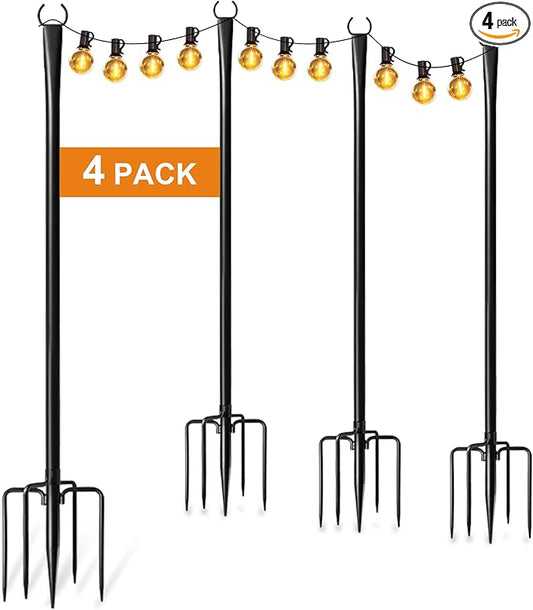 4 Pack String Light Poles for Outside, Thickened Metal Christmas Lights Hanger Pole Outdoor with Fork, Lighting Hanging Post Accessories for Patio Decor Garden Backyard Yard Outside Decorations