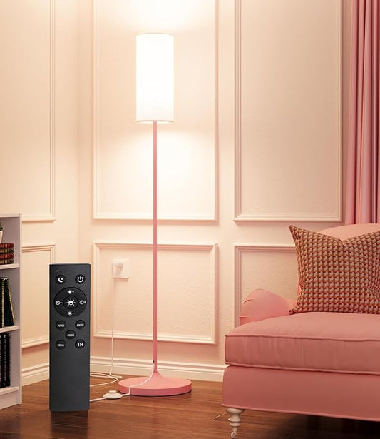 luckystyle LED Floor Lamp for Living Room, Dimmable Tall Lamps with Foot Switch,Remote Custom Color Temperature Pink Pole Lamp with Lampshade,12W Led Bulb Standing Lamps for Bedroom Office Kid Room