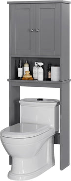 Meilocar Over The Toilet Storage Cabinet, Bathroom Storage Cabinet Over Toilet with 2 Wood Doors, Freestanding Space Saver, Adjustable Shelf & Open Shelf, Grey