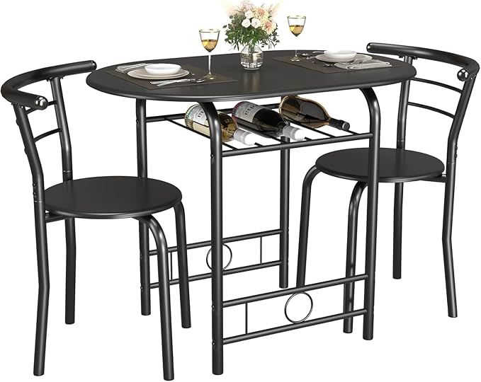JUMMICO 3-Piece Wooden Round Table & Chair Set, Space Saving Kitchen Breakfast Nook Wood Grain Tabletop with Metal Frame and Built-in Wine Rack for Kitchen, Dining Room (Black)