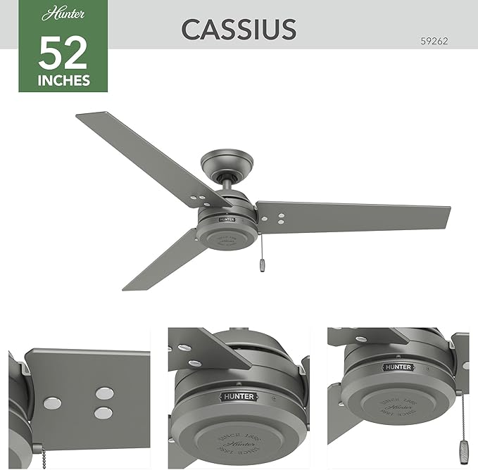 Hunter 52 inch Outdoor or Indoor Ceiling Fan No Light - Silver Ceiling Fan without Light, For Patio, Porch, Garage, or Living Room, Standard Mount, 3 Blades, Pull Chain - Cassius 59262, Matte Silver