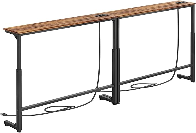 Kitstorack 2-Pack Narrow Console Table with Adjustable Height (25"-33") & 2 Power Outlets, Skinny Behind Couch Table, 78.8" Long x 5.9" Wide Sofa Side Table for Living Room, Rustic Brown | 2-Pack, Behind Sofa Couch