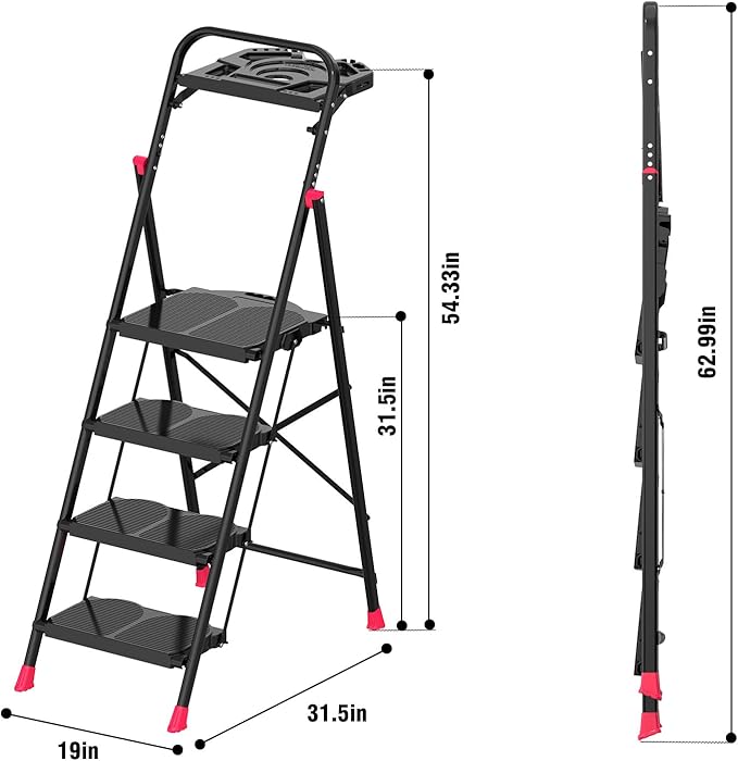 4 Step Foldable Step Ladder with Roomy Tool Tray, Platform Ladders Stepstools, Step Stool 4 Step Folding with Wide Non-Slip Pedals and 800lbs Bearing Capacity for Adults, Home, Kitchen, Black Red