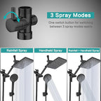 Shower Head, 8‘’ High Pressure Rainfall Shower Head/Handheld Shower Combo with 11'' Extension Arm, 9 Settings Anti-leak Shower Head with Holder, Height/Angle Adjustable, Matte Black