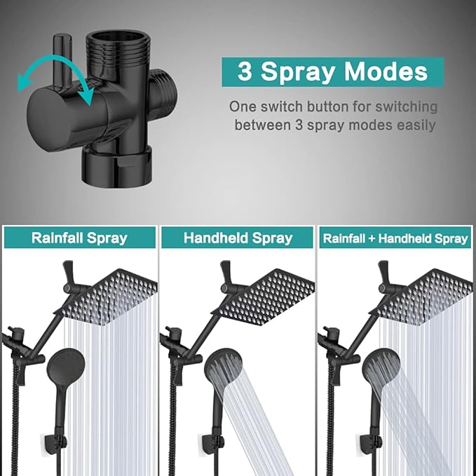 Shower Head, 12‘’ High Pressure Rainfall/Handheld Shower Combo with 11'' Extension Arm, 9 Settings, Anti-leak Shower Head with Holder, Height/Angle Adjustable, Matte Black