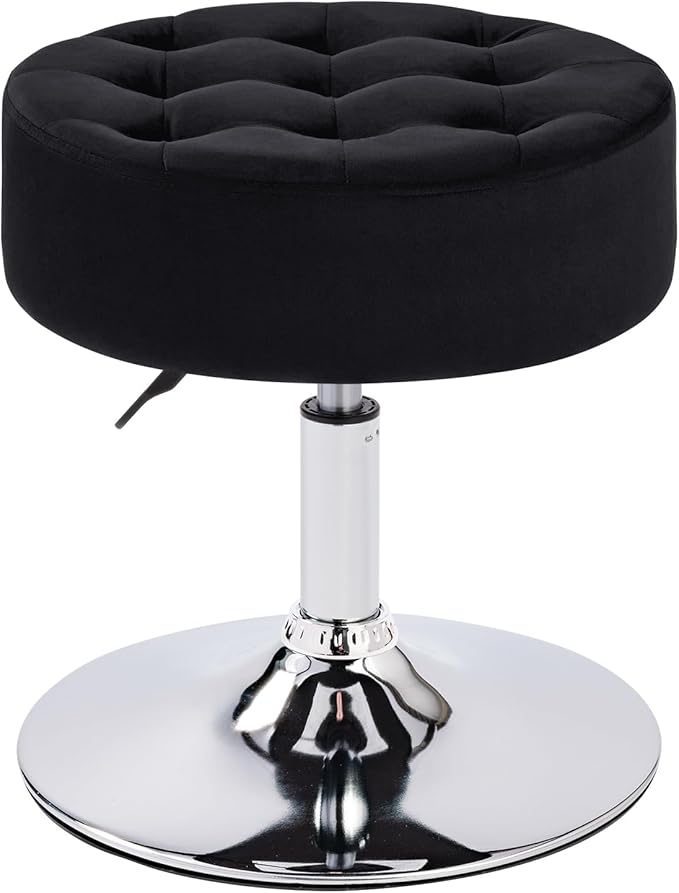 Furniliving Mid-Century Velvet Tufted Makeup Ottoman Stool, Modern Big Size Swivel Round Adjustable Vanity Stool Chair for Living Room Bedroom, Black