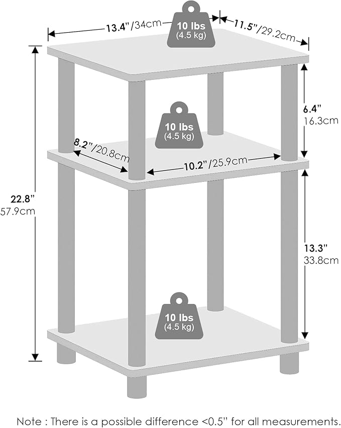 Furinno JUST Side Table, 3-Tier End Table, Open Shelves Night Stand, Bedside Table, Toolless Assembly, for Living Room, Bedroom, Bathroom, White