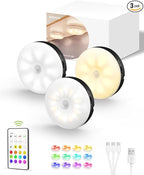 EZVALO Under Cabinet Lighting,1000mAh Rechargeable Puck Lights with Remote,3 Color Temps & 12 RGB Motion Sensor Closet Lights Indoor,Dimmable Under Cabinet Lights for Kitchen,Cabinets,Closet (3 Packs)