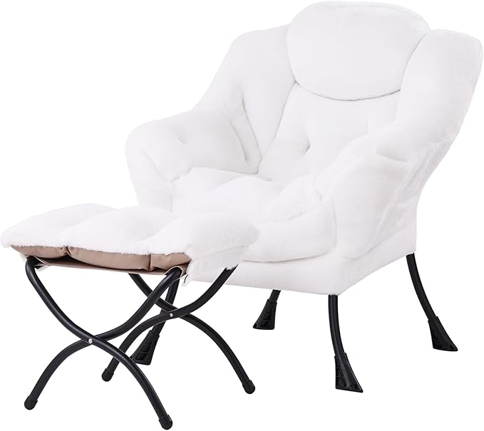 Tiita Lazy Chair with Ottoman, White Modern Large Accent Chair, Comfy Leisure Sofa Armchair with Ottoman, Reading Chair with Footrest for Bedroom, Living Room, Dorm Rooms, Plush White